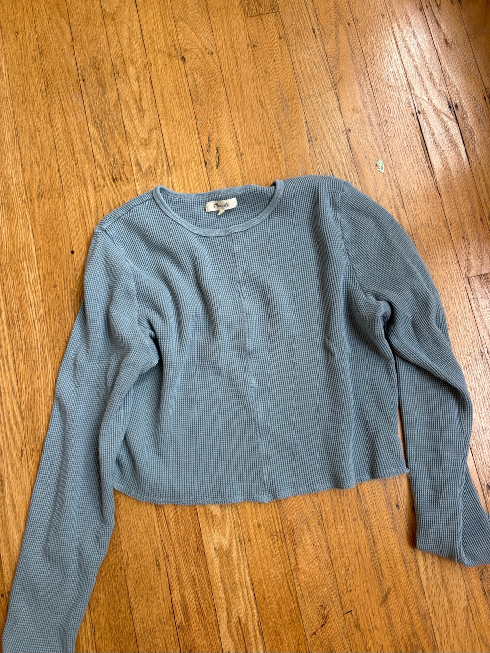 Light Blue Waffle Crewneck Long-Sleeve cropped Top